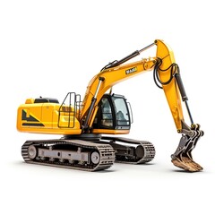 Yellow excavator with black bucket on white background