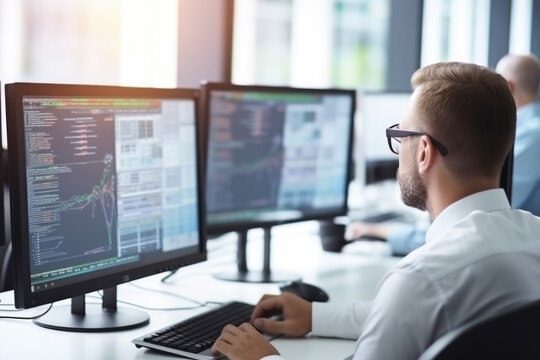 Man at computer, software developer working on coding script or cyber security in bright modern office	
