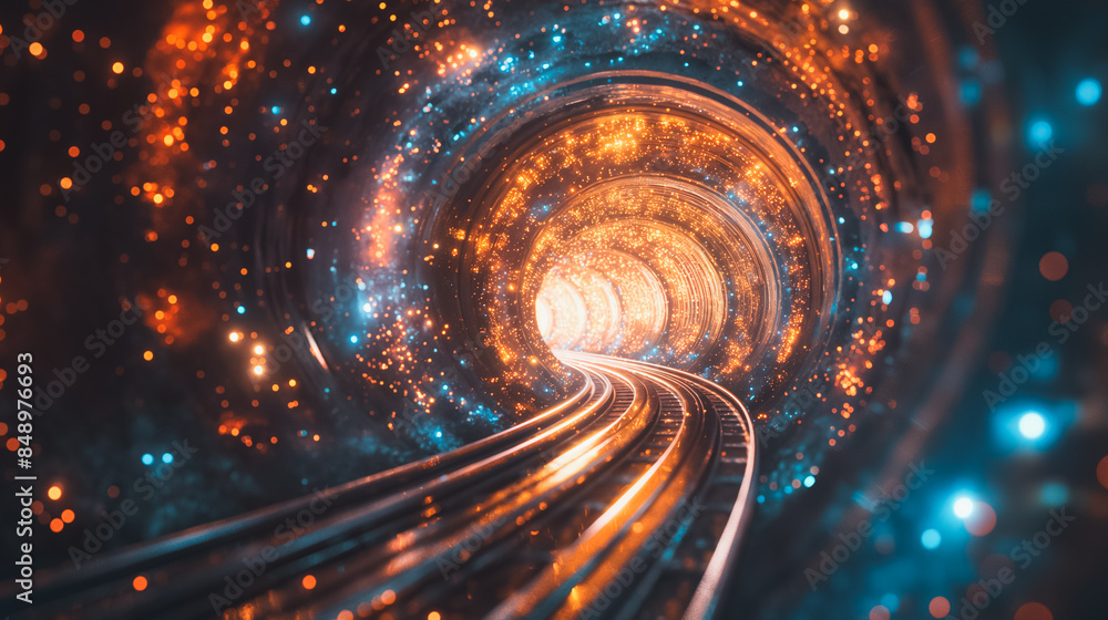 Poster a tunnel with a train going through it. the tunnel is lit up with bright colors and has a futuristic