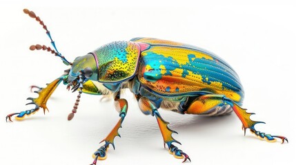 Naklejka premium A colorful beetle with a shiny carapace and detailed legs isolated on a white background