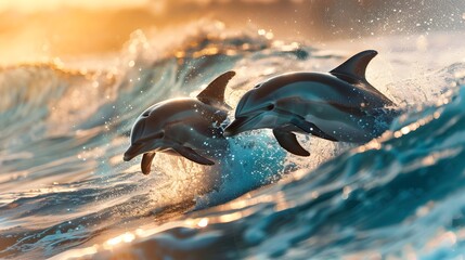 Playful Dolphins Leaping Through Turquoise Waves Creating Splashes and Rainbows in the Sunlit Ocean