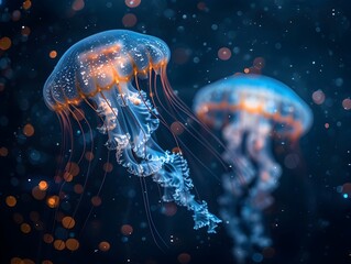 Naklejka premium Ethereal Glowing Jellyfish Drifting Through Dark Ocean Waters with Bioluminescent Tentacles