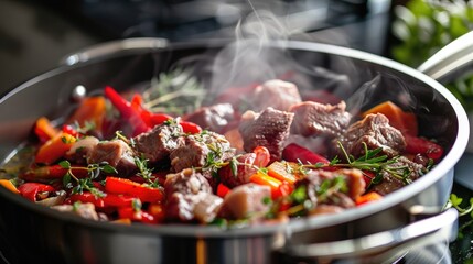 Fototapeta premium Cooking meat and vegetables in a pot