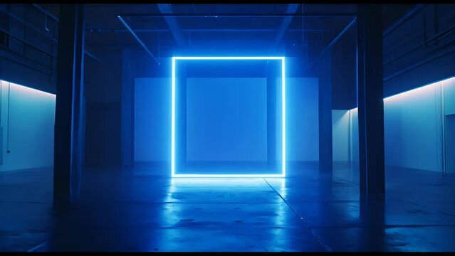 A large blue square is lit up in a dark room. The blue light is bright and creates a sense of depth and movement. The room is empty, with no people or objects visible