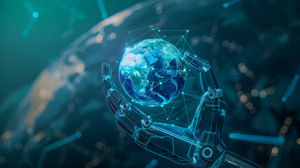 Digital robotic hand holding Earth globe representing global technology and connectivity in a futuristic concept.