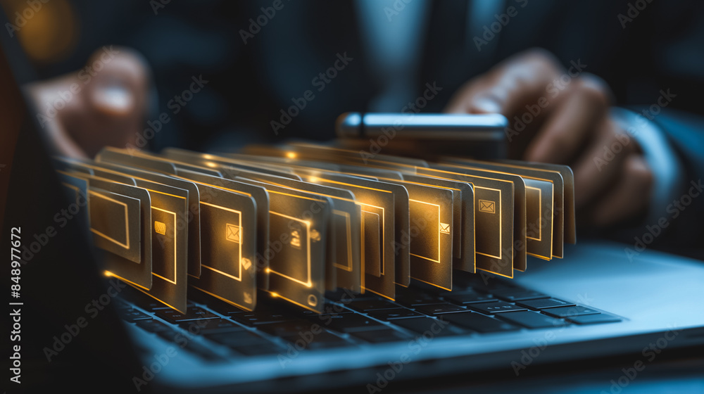 Poster the file documents. are arranged in rows and columns, and the person is using a cell phone to help t
