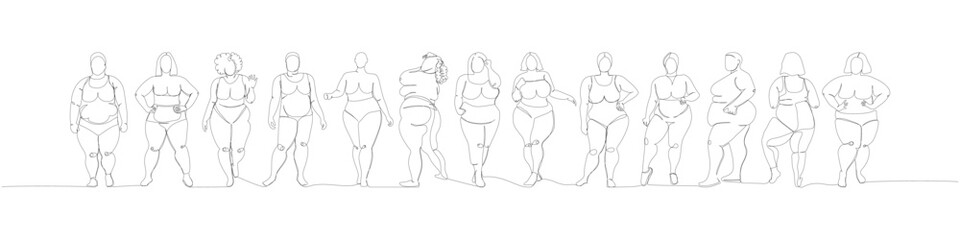 plus size models set, obese women, stout one line art. Continuous line drawing of body positive, overweight, plus size model, XL, health, fashion, self acceptance.