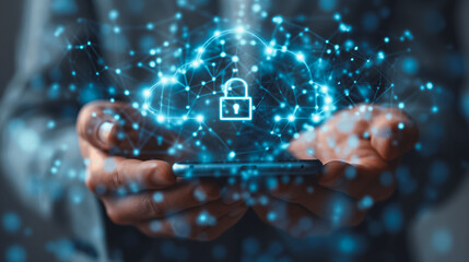 A person is holding a cell phone with a blue lock symbol on it. Concept of security and protection, as the lock symbolizes a secure connection