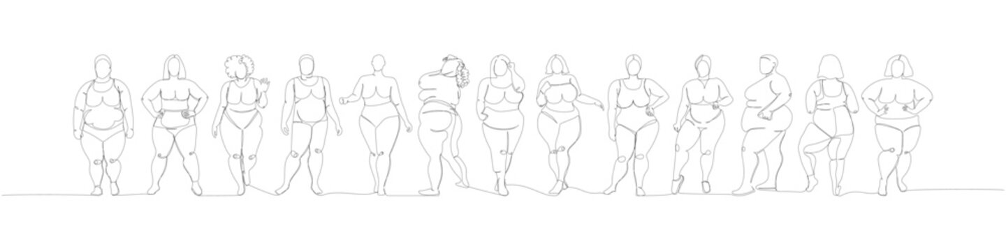 plus size models set, obese women, stout one line art. Continuous line drawing of body positive, overweight, plus size model, XL, health, fashion, self acceptance.