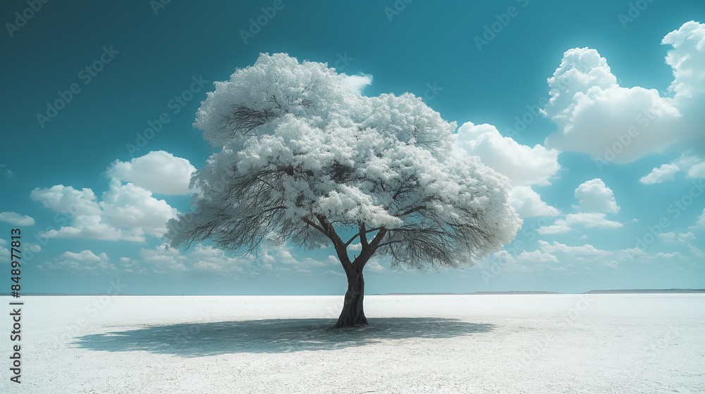 Aufkleber a tree is standing in a field with a blue sky in the background