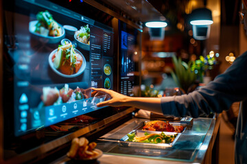Person using a touch screen to order food at a modern, tech-savvy restaurant with a variety of colorful dishes displayed.
