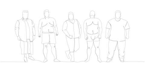 body positive set, obese men, plus size, XL models one line art. Continuous line drawing of body positive, overweight, plus size model, XL, health, fashion, self acceptance.