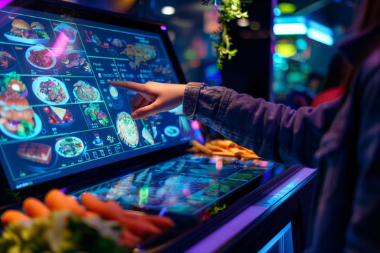 Person using a touch screen to order food in a vibrant, colorful, and modern digital dining environment with diverse menu options.