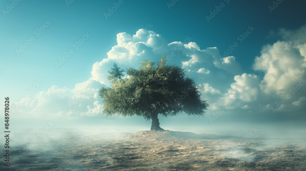 Poster a tree is standing in a field with a cloudy sky above it