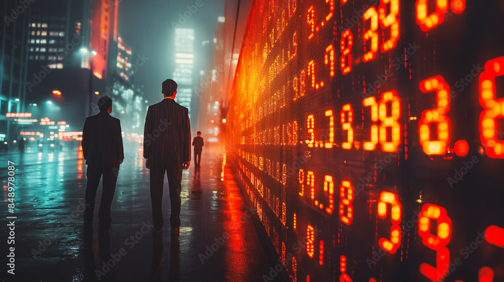 Poster stock exchange street with traders intently watching large digital screens displaying dynamic intere