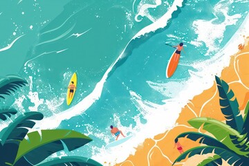 A dynamic summer background featuring surfers riding waves and vibrant beach activities
