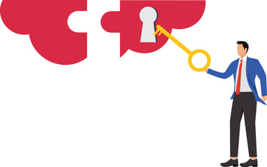 Turnkey solution complete ready to use product, open opportunity to solve customer problem, unlock potential to success, software or platform concept, businessman turn key into jigsaw puzzle keyhole