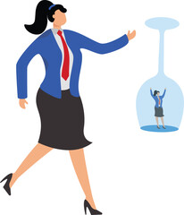 Employee or customer retention, reduce churn rate or talent management, company loyalty or CRM customer relationship management concept, businesswoman hold glass to retain small employee inside