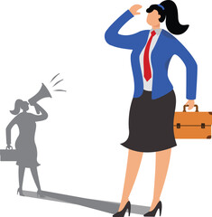 Self criticism, negative critic thinking to blame yourself, guilt or depression to rant or inner anxiety, anger or stress psychology concept, depressed businesswoman self shadow blame with megaphone