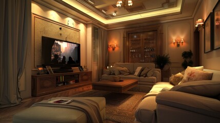 Elegant living room with cozy lighting and large TV.