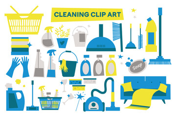 Vector trendy doodle cleaning icon set, clip art. Vacuum cleaner, protective gloves, plunger, spray bottle, squeegee, sponge, bucket, mop, brush, duster and many more.