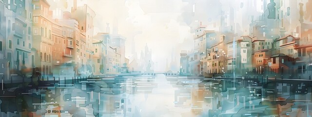 Shimmering Watercolor Cityscape with Tranquil Canals and Flowing Architecture