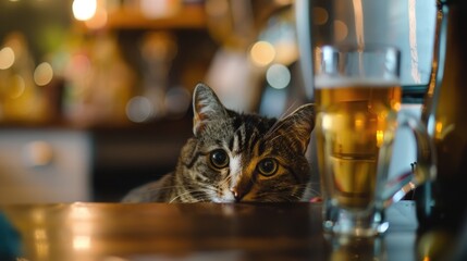 Curious Cat Peeking into Beer Mug in Kitchen Decorated for International Cat Day .