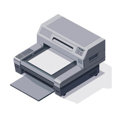 isometric printer vector icon with paper, simple shapes, grey colors, white background, low details, 2d game design