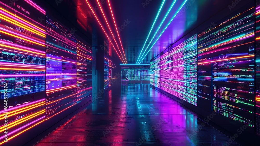Poster a cyber operations room with multicolored neon lights displaying data streams along the walls, creat