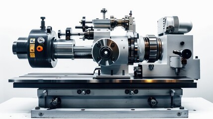 Fototapeta premium A highprecision lathe with adjustable controls and a rotating spindle isolated on a white background