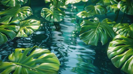 Fototapeta premium Tropical Paradise: Lush Leaves and Tranquil Water