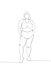 curvy girl in a swimsuit posing one line art. Continuous line drawing of body positive, overweight, plus size model, XL, health, fashion, self acceptance.