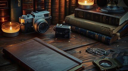 A dark academia themed desk with a leather notebook and an old-fashioned camera, amidst classic books and dim candlelight for a moody, scholarly vibe.