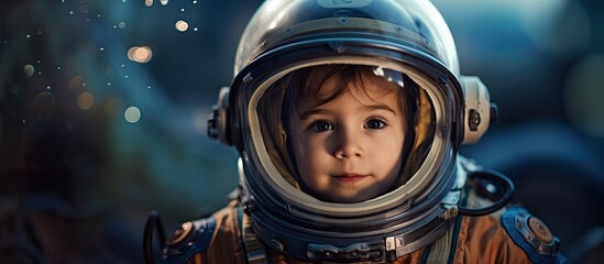 A young child is wearing an astronaut outfit in a picture with copy space image