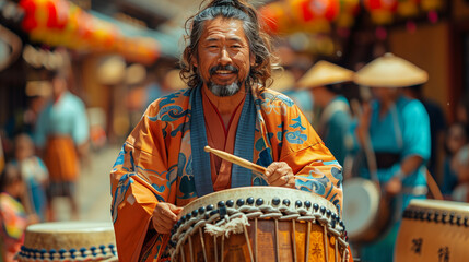 man playing taiko drum in japan festival