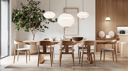 Scandinavian-style dining table with an oval-shaped tabletop and four chairs in light oak tones. Featuring minimalist lines and contemporary style with hanging glass pendant lights and warm, soft ligh