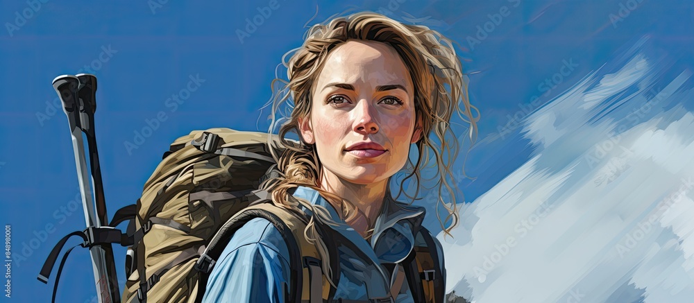 Poster a caucasian female is shown in a picture with a backpack and trekking poles on a blue background loo