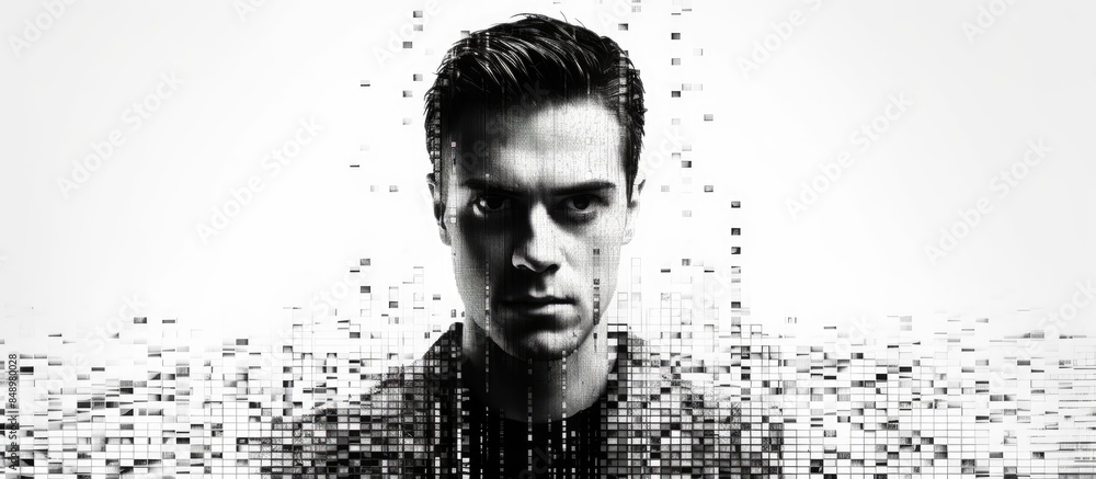Poster portrait of a man in black and white with a computer glitch effect against a blank background for ad