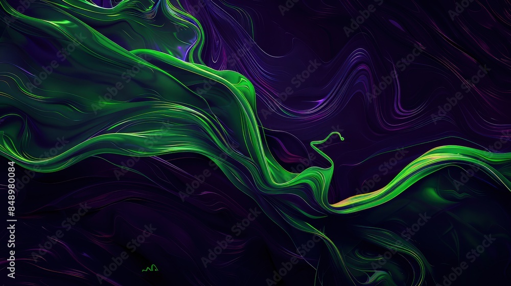 Poster a dark background featuring a sleek green fluid pattern that twists through a sea of deep purple, ad