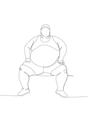 severely obese man in a tracksuit sits on a bench one line art. Continuous line drawing of body positive, overweight, plus size model, XL, health, fashion, self acceptance.