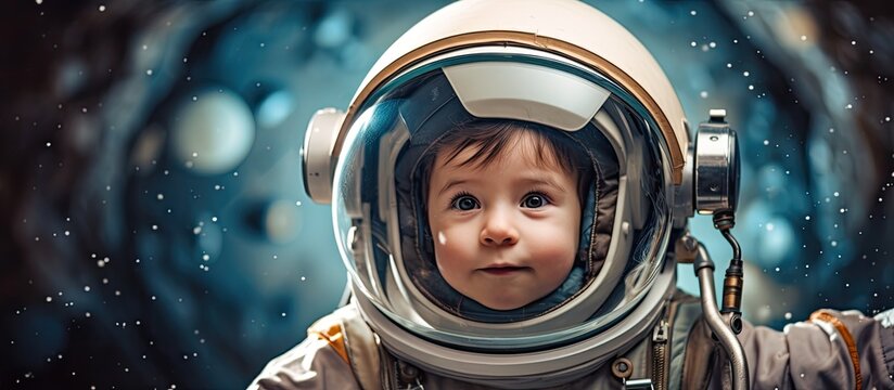 A young child is wearing an astronaut outfit in a picture with copy space image