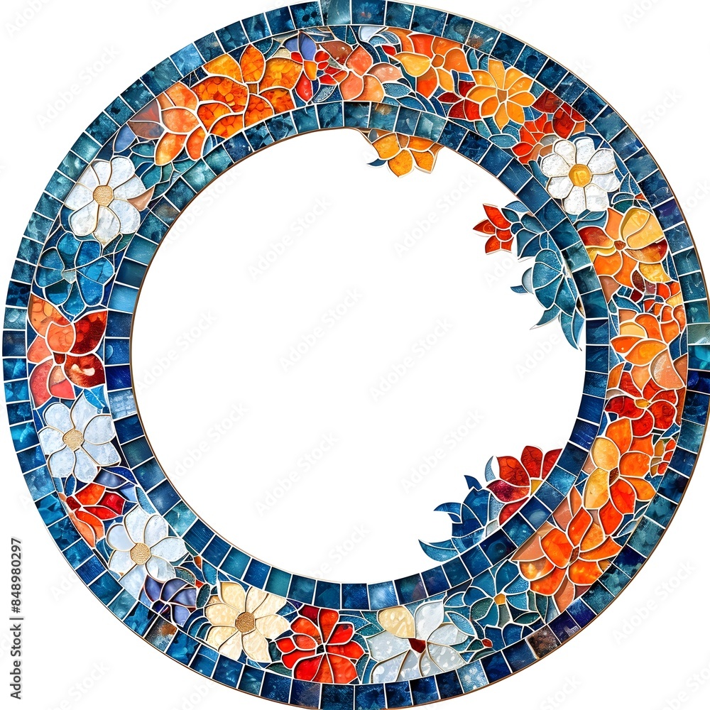 Poster decorative mosaic frame with vibrant floral patterns and intricate tile design isolated on white bac