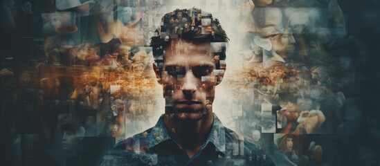 A man with a personality disorder is depicted in a multiple exposure collage with an abstract background providing copy space image