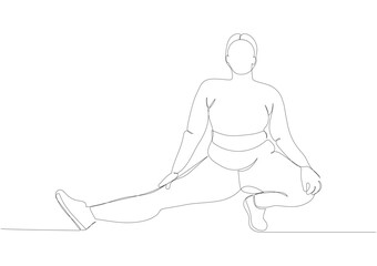 Overweight woman doing sports, stretching one line art. Continuous line drawing of body positive, overweight, plus size model, XL, health, fashion, self acceptance.