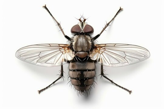 A housefly with detailed wings and segmented body isolated on a white background