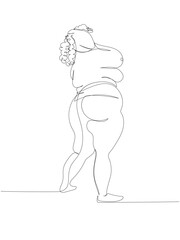 extremely obese woman one line art. Continuous line drawing of body positive, overweight, plus size model, XL, health, fashion, self acceptance.