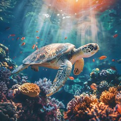 Obraz premium Majestic Sea Turtle Gliding Over Vibrant Coral Reef in Tranquil Ocean Underwater Landscape