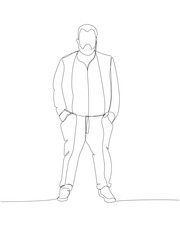 chubby man with a beard in a casually dressed suit one line art. Continuous line drawing of body positive, overweight, plus size model, XL, health, fashion, self acceptance.