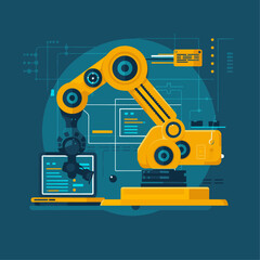 A flat vector illustration of an industrial robot arm holding code, with elements like robotic arms and laptops