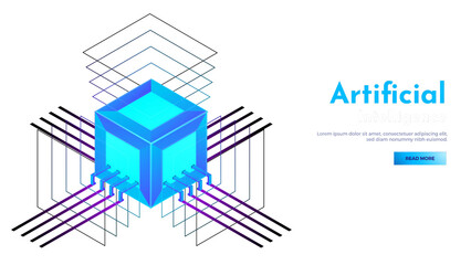 3D isometric view of cubic shape AI processor chip with glowing ultra rays for Artificial Intelligence landing page concept.